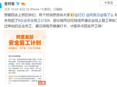 支付宝联合阿里发起企业安全复工计划，支持企业渡过难关