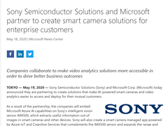 强强联合！Sony携手微软及其人工智能和物联网实验室推动视觉分析产业变革